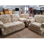 UPHOLSTERED PATTERNED 3 PIECE SUITE INCLUDES 2 SEATER SOFA AND 2 MATCHING ARMCHAIRS