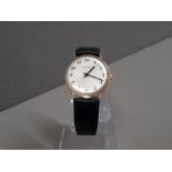 9CT GOLD MONDIA GENTS WIND UP WATCH BLACK LEATHER STRAP