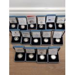 15 UK 1 POUND SILVER PROOF COINS ALL IN DIFFERENT CASES OF ISSUE