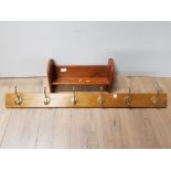 6 WAY COAT RACK WITH BRASS FITTINGS TOGETHER WITH BOOK STAND