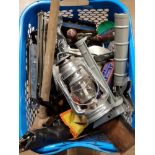 BASKET CONTAINING MISCELLANEOUS VINTAGE TOOLS INCLUDES HAND SAWS AND SLEDGE HAMMER PLUS HANGING