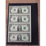 UNUSUAL ITEM UNCUT STRIP OF FOUR UNCIRCULATED USA ONE DOLLAR BILLS