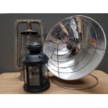 BRITISH BULLFINCH PARAFFIN HEATER LAMP TOGETHER WITH CHALWYN LYNX TILLEY LAMP PLUS A CANDLE LANTERN