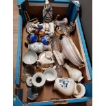 BOX OF MISCELLANEOUS POTTERY AND GLASS PIECES INCLUDES ORIENTAL STYLE VASES AND FIGURED ORNAMENTS