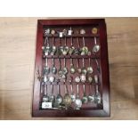 REPRODUCTION DISPLAY CONTAINING MISCELLANEOUS CRESTED SPOONS SOME CONTINENTAL SILVER