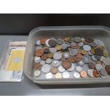 TUB CONTAINING ENGLISH PRE DECIMAL AND FOREIGN COINS PLUS VARIOUS BANK NOTES ETC