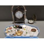 SILVER PLATED POCKET WATCH AND COMPASS ALSO INCLUDES MISC PINS