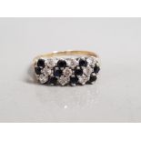 9CT GOLD SAPPHIRE CZ 3 ROW RING 3.6G SIZE S