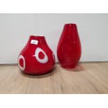 LARGE DOUBLE CASED MURANO TEARDROP SHAPE VASE IN RED AND CLEAR GLASS AND AN INVERTED BALUSTER RED