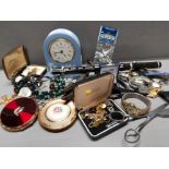 MIXED LOT MAINLY COSTUME JEWELLERY, CUFF LINKS AND LADIES WRISTWATCHS ETC PLUS WEDGWOOD CLOCK