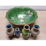 LARGE CLOISONNE BOWL TOGETHER WITH 4 MINATURE CLOISONNE VASES