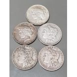 5 USA SILVER DOLLAR COINS DATED 1889 1891 1897 1922 AND 1923