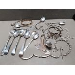 BAG OF MISCELLANEOUS HALLMARKED SILVER INCLUDES CUTLERY BANGLES AND PADLOCK BRACELET 238G