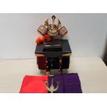 ORNAMENTAL MINATURE SAMURAI HELMET IN BLACK LACQUERED BOX