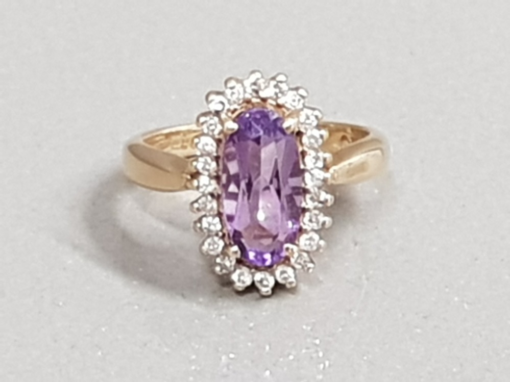 9CT GOLD AMETHYST AND CZ OVAL RING 3G SIZE H