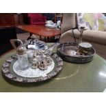 A LOT OF SILVER PLATED ITEMS SUCH AS CRUET SET TEAPOT ETC