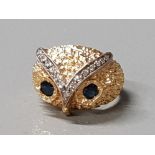 18CT GOLD DIAMOND & SAPPHIRE OWL RING 15G SIZE P