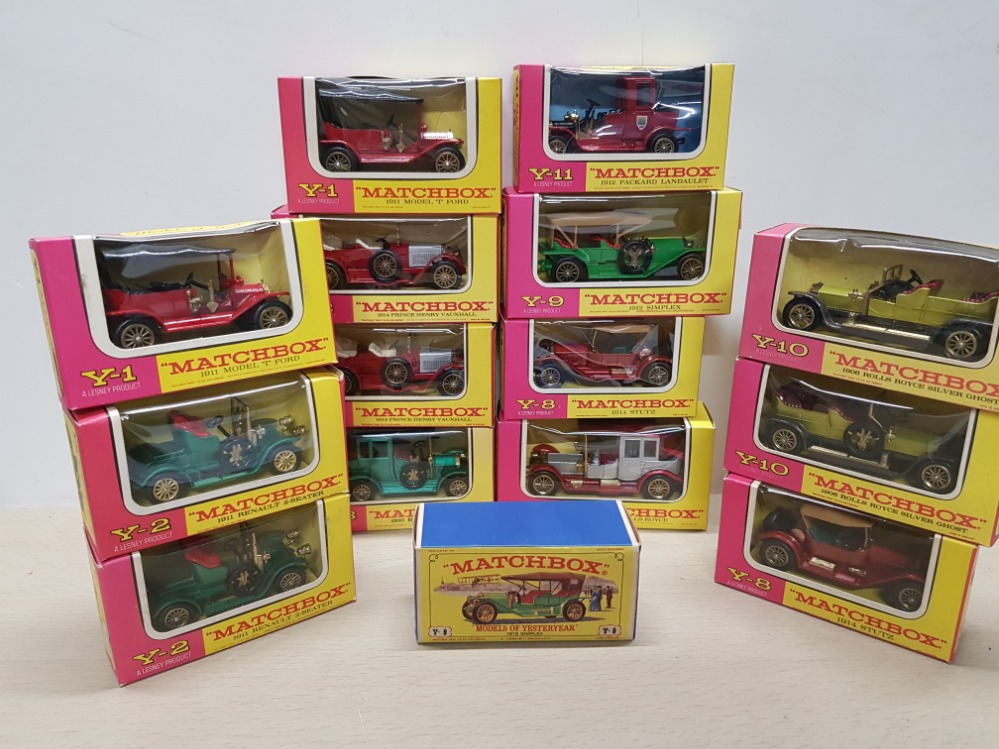 14 VINTAGE MATCHBOX DIE CAST CARS ALL IN ORIGINAL BOXES PLUS 1 MODELS OF YESTERYEAR VEHICLE 1912