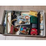 TRAY OF MISCELLANEOUS COSTUME JEWELLERY INCLUDING CAMEO BROOCHES AND GILT NECKLACES ETC