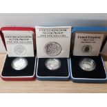 3 UK 1 POUND SILVER PROOF COINS DATES 1983,1984 AND 1988 IN ORIGINAL CASES