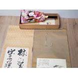 3 ORIENTAL STYLE ITEMS 2 CALLIGRAPHY SCROLLS AND EMBROIDERED GEISHA BAT