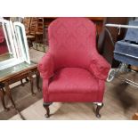 ANTIQUE RED UPHOLSTERED QUEEN ANNE STYLE LADIES WING BACK CHAIR