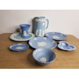 8 PIECES OF WEDGWOOD BLUE JASPER INC TALL JUG 3 PLATES 2 DISHES ETC