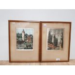 2 BLOCK PRINTS ON SILK PROBABLY GERMAN LOCATION AND SIGNATURE INDISTINCT