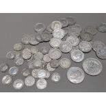 LARGE QUANTITY OF GEORGE V AND VI .500 SILVER COINS CONSISTS OF 27 SHILLINGS AND 29 THREE PENCES