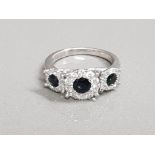 9CT WHITE GOLD 3 STONE DIAMOND & SAPPHIRE CLUSTER RING 5.2G SIZE N1/2