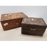 2 HAND CARVED WOODEN JEWELLERY BOXES ONE BY J.W.HOWD PLUS KEY