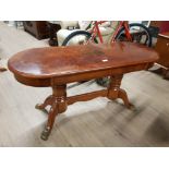 FIGURES MAHOGANY SHELL INLAID TWIN PEDESTAL HALL TABLE WITH BRASS PAW FEET