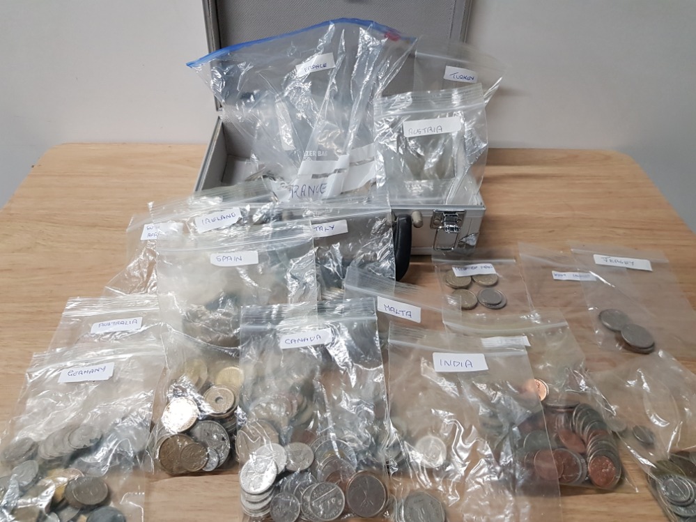SMALL HARDCASE CONTAINING A SELECTION OF COINS FROM AROUND THE WORLD SORTED BY COUNTRY INTO BAGS