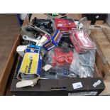A BOX OF ASSORTED TOOLS INC INNERTUBES AND OTHER BIKE PARTS