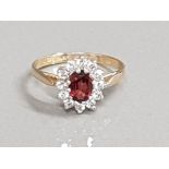 9CT GOLD GARNET & CZ CLUSTER RING 2.1G SIZE P1/2