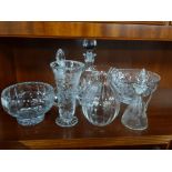 A LOT OF VERY NICE CUT CRYSTAL GLASS WARE SUCH AS DECANTERS AND STOPPERS ETC