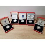 5 CASED UK PIEDFORT 1 POUND SILVER PROOF COINS