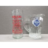 2 VINTAGE GLASS JUGS INCLUDES NELSON TIPPED CIGARETTES AND HORLICKS MIXER