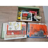 BOX OF VINTAGE MECCANO TOGETHER WITH FOLDER CONTAINING MECCANO DESIGNS AND INSTRUCTIONS