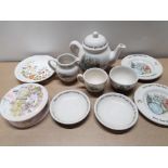 8 PIECES OF WEDGWOOD PETER RABBIT MINATURE TEA WARE ALSO WITH WEDGWOOD WEDDING TRINKET BOX AND