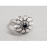 18CT WHITE GOLD SAPPHIRE AND DIAMOND CLUSTER RING 4.2G SIZE H