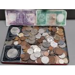 TRAY CONTAINING MISCELLANEOUS COINAGE BRITISH, KENYAN ETC PLUS HALF CROWNS AND 2 HONG KONG