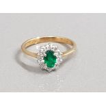 18CT GOLD EMERALD AND DIAMOND CLUSTER RING 2.2G SIZE K1/2