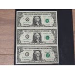 UNCUT STRIP OF THREE USA ONE DOLLAR BANKNOTES UNCIRCULATED UNUSUAL COLLECTORS ITEM