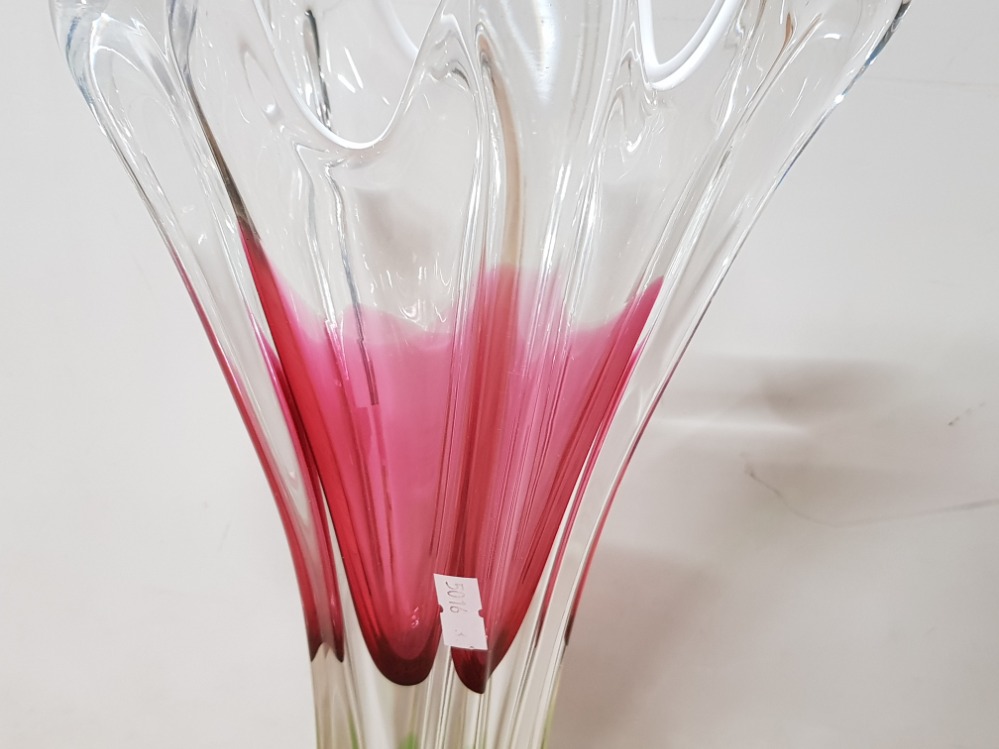 VERY LARGE 14INCH CZECH HOSPODKA DESIGN FLUTED AND DOUBLE CASED LIME, RASPBERRY AND CLEAR GLASS - Image 2 of 3