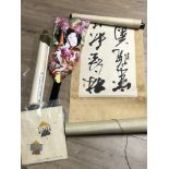 3 ORIENTAL STYLE ITEMS 2 CALLIGRAPHY SCROLLS AND EMBROIDERED GEISHA BAT