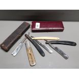 SET OF 4 VINTAGE RAZORS INCLUDES 3 CUT THROATS 1 BY ARBENZS ALSO INCLUDES BRASS DELMOS PUSH UP
