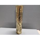 MAGNIFICENT ARTILLERY SHELL TRENCH ART PIECE FIRST WORLD WAR IN ARTS AND CRAFT MOTIFS BARING THE