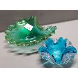 MURANO ART GLASS SOMMERSO BAROVIER GREEN GOLD LEAF SHELL BOWL TOGETHER WITH A SMALLL PINCHED BLUE