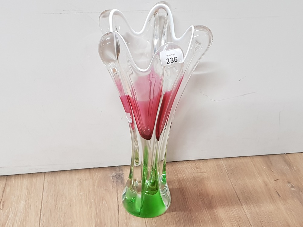 VERY LARGE 14INCH CZECH HOSPODKA DESIGN FLUTED AND DOUBLE CASED LIME, RASPBERRY AND CLEAR GLASS